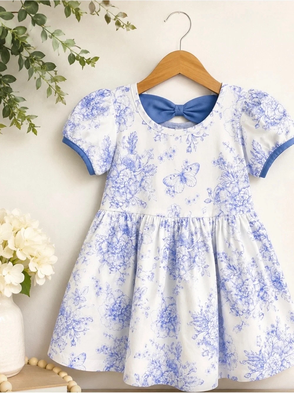 Blue Floral Bow-Back Girls' Dress